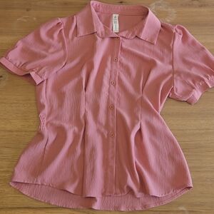 B Pink Button Front Blouse | Size L | Short Sleeve Collared Peplum Top